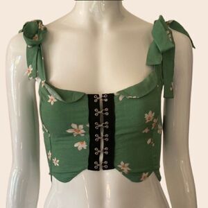 For Love & Thread Kelly Green Floral Crop Top with Tie Straps Size Small